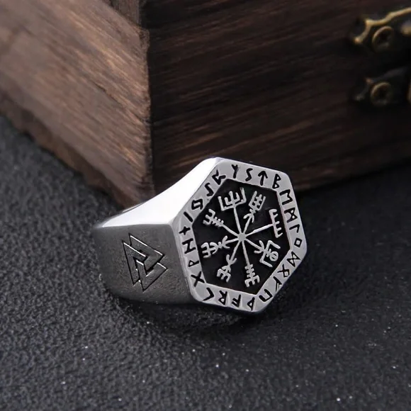 VEGVISIR RING WITH NORDIC SYMBOLS SIZE 9 - Picture 1 of 6